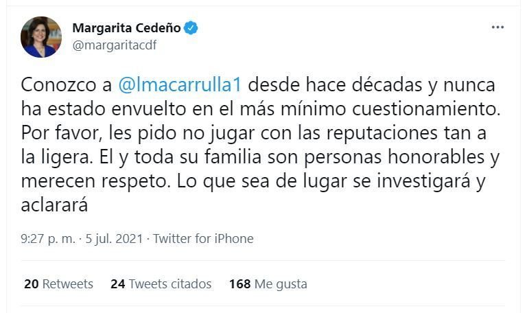 Tweet Margarita Cedeno 01 Margarita Cedeño en defensa de Macarrulla: "Él y toda su familia son personas honorables"