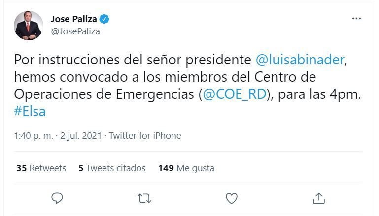 Abinader convoca miembros del COE a Palacio ante inminente paso del huracán Elsa