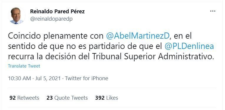 Tweet Rinaldo Pared 01 Reinaldo Pared se suma a los que piden PLD no recurra decisión del TSA sobre Fuerza del Pueblo