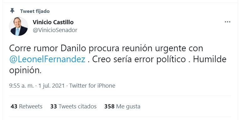 Twitt Vinicio Castillo 06 Vinicio Castillo: "Sería error político" de Leonel reunirse con Danilo