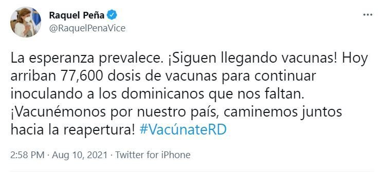 TWITTER ASTRASENIKA Raquel Peña anuncia llegada de 77,600 dosis de vacuna AstraZeneca