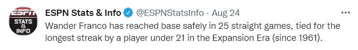 Wander Franco establece récord partidos seguidos embasándose 3 TWITTER WANDER FRANCO Wander Franco establece récord partidos seguidos embasándose