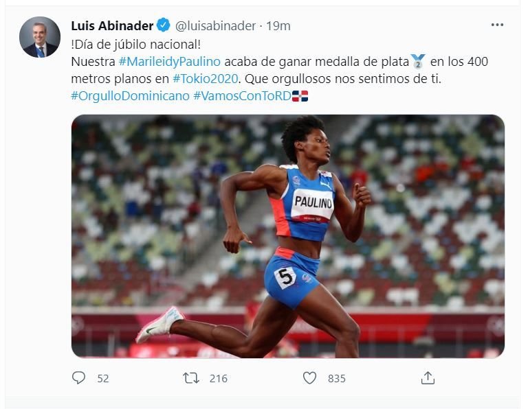Tweet Abinader 02 Marileidy Paulino gana medalla de plata olímpica; Abinader: "Qué orgullosos nos sentimos"
