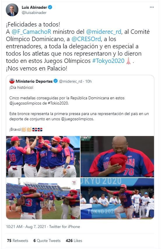 Tweet Abinader 03 1 Abinader al felicitar al equipo de béisbol olímpico: "¡Nos vemos en Palacio!"