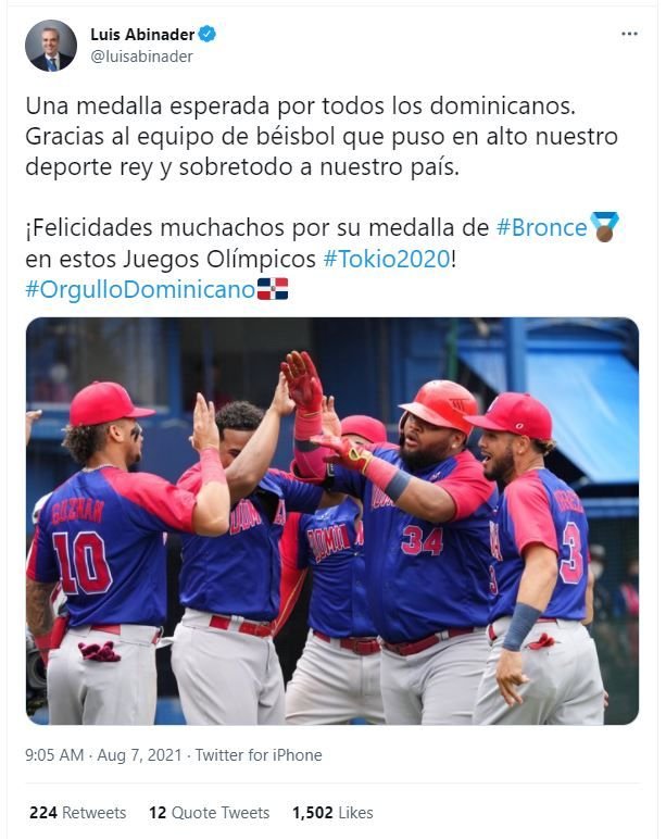 Tweet Abinader 04 Abinader al felicitar al equipo de béisbol olímpico: "¡Nos vemos en Palacio!"