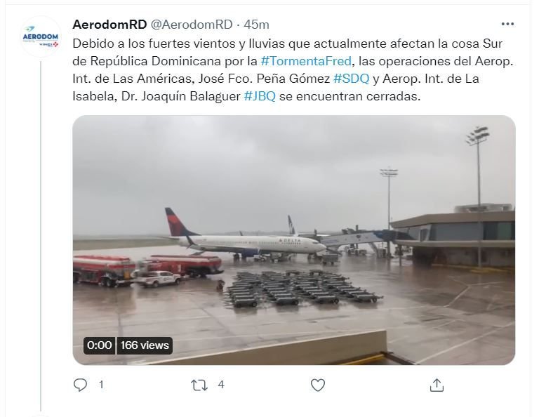 Tweet Aerodom 01 Cierran aeropuertos AILA y La Isabela, y el malecón de Santo Domingo por tormenta Fred