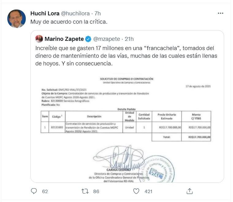 Tweet Huchi Lora 01 Critican a Deligne Ascención por gastar RD$17 millones en rendir informe del primer año