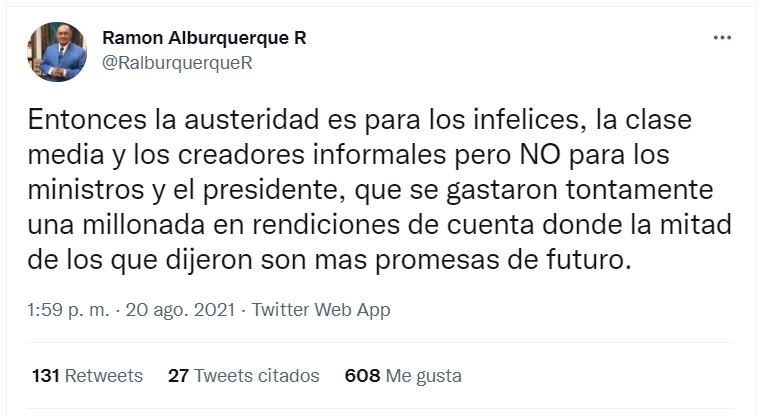 Tweet Ramon Alburquerque 01 Critican a Deligne Ascención por gastar RD$17 millones en rendir informe del primer año