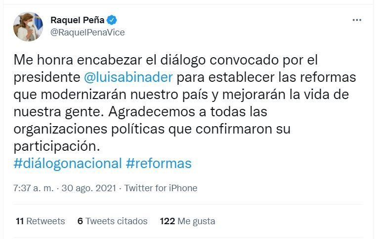 Tweet Raquel Pena 01 Vicepresidenta Raquel Peña encabezará el diálogo nacional