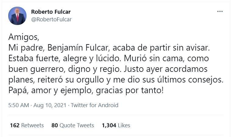 Tweet Roberto Fulcar 01 Fallece Don Benjamín Fulcar, padre del ministro de Educación