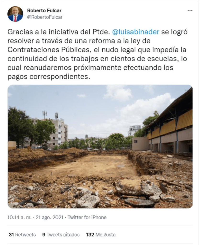 Tweet Roberto Fulcar 02 1 Roberto Fulcar dice reanudarán construcción de planteles escolares