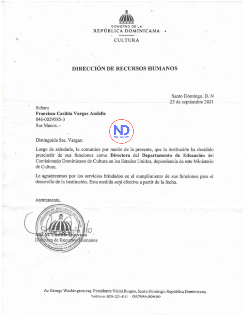 Carta cancelacion Francias Vargas Comisionado Dominicano de Cultura en NY cancela reconocida dirigente del PRM