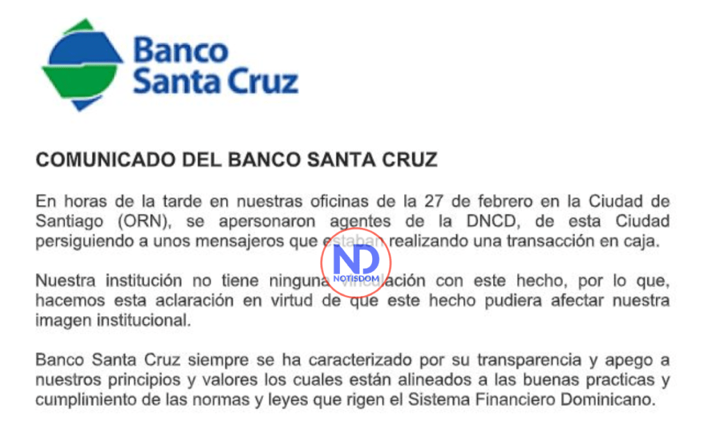 Comunicado Banco Santa Cruz 1 Arrestan dos más por Operación Falcón, intentaban retirar dinero del banco Santa Cruz