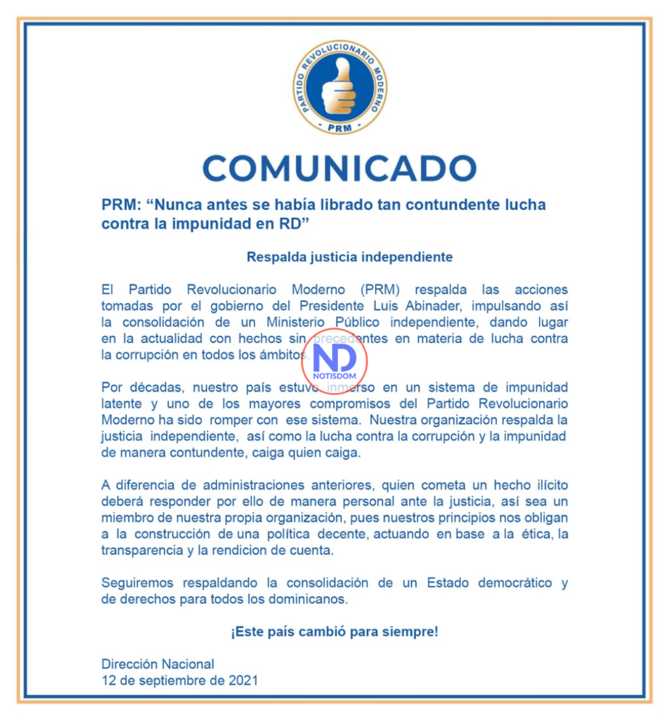 Comunicado PRM 02 PRM: "Quien cometa un hecho ilícito deberá responder por ello de manera personal ante la Justicia"