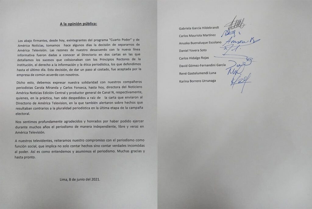 Comunicado Purga Purga en América Televisión y Canal N