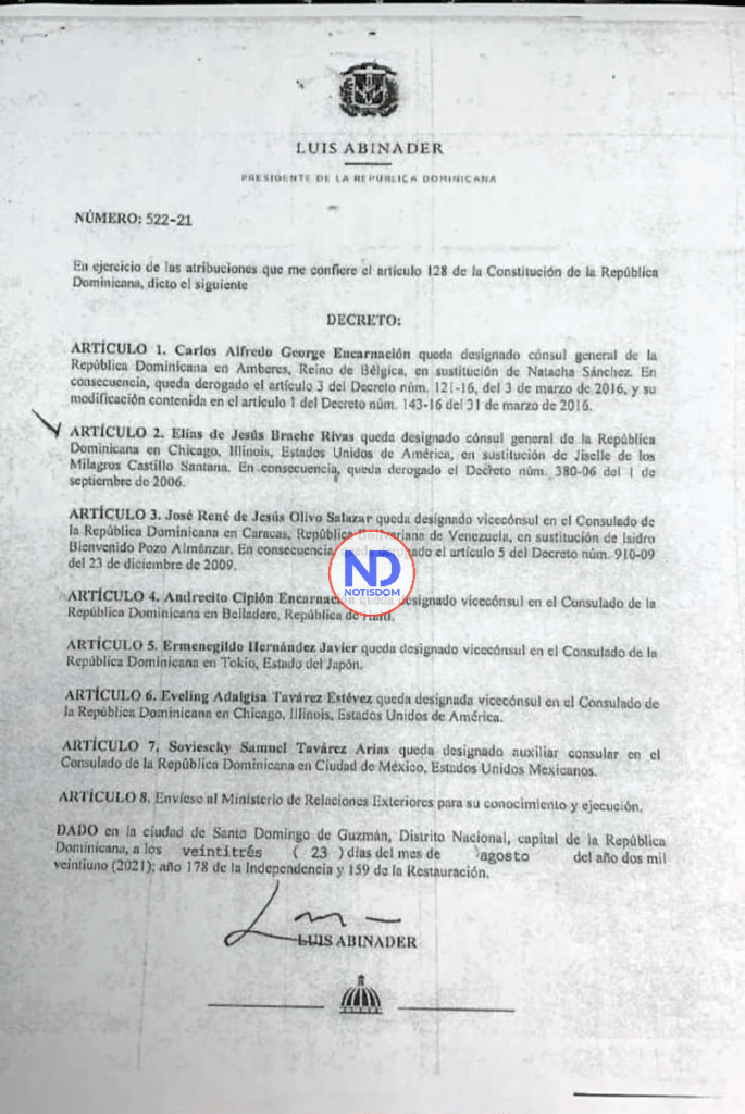 Decreto 522 21 Presidente Abinader designa 7 nuevos cónsules y vicecónsules