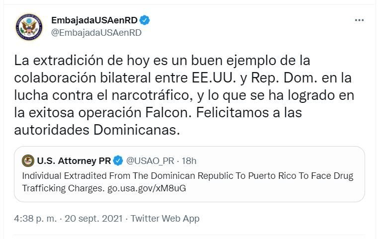 Estados Unidos agradece a RD por combatir organizaciones criminales transnacionales 3 Tweet Embajada EEUU RD Estados Unidos agradece a RD por combatir organizaciones criminales transnacionales