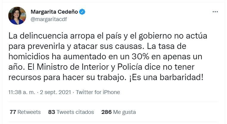 Margarita Cedeño: «Delincuencia arropa el país y el Gobierno no actúa para prevenirla» 3 Tweet Margarita Cedeno 05 Margarita Cedeño: «Delincuencia arropa el país y el Gobierno no actúa para prevenirla»