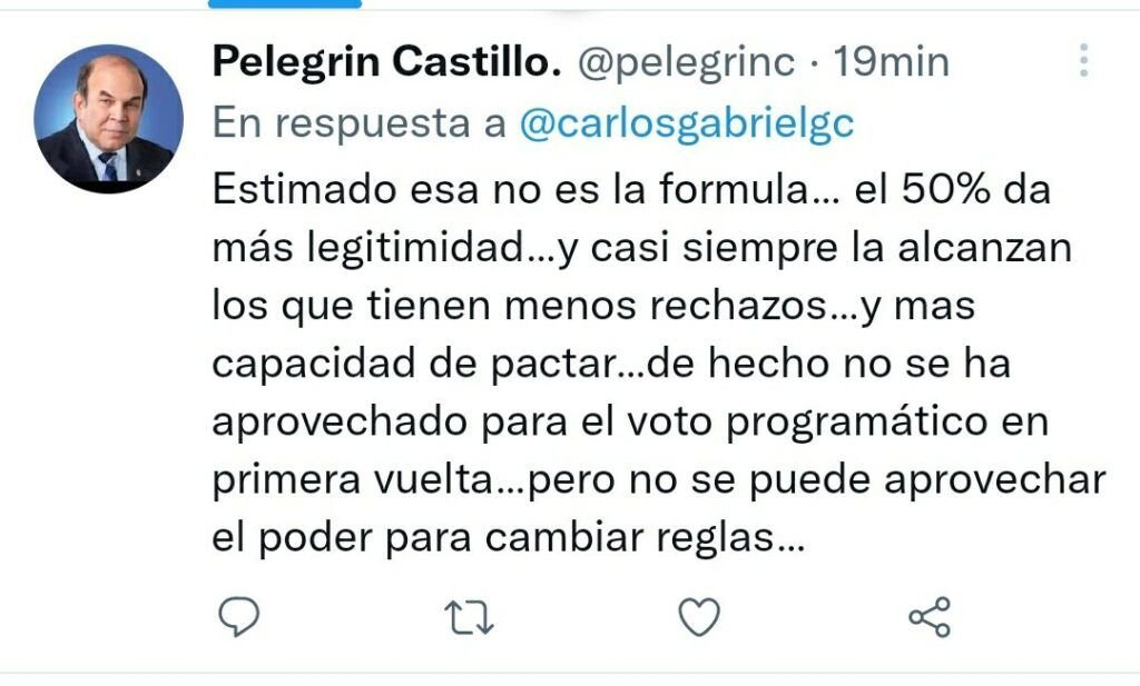 Tweet Pelegrin Castillo 02 Propuesta de establecer el 45% para ganar en primera vuelta enciende debate constitucional