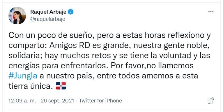 Tweet Raquel Arbaje 02 Raquel Arbaje pide que no llamen "jungla" a República Dominicana