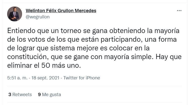 Tweet Wellinton Grullon 01 Welinton Grullón propone eliminar 50 más uno en elección presidencial
