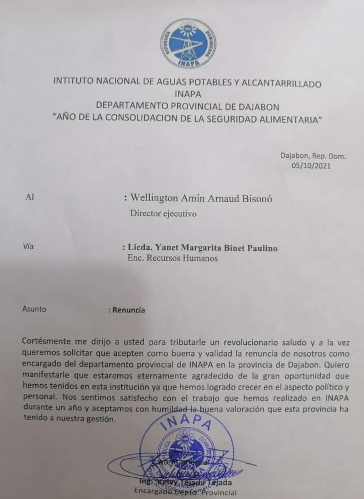 CARTAAA Renuncia encargado provincial de INAPA en Dajabón