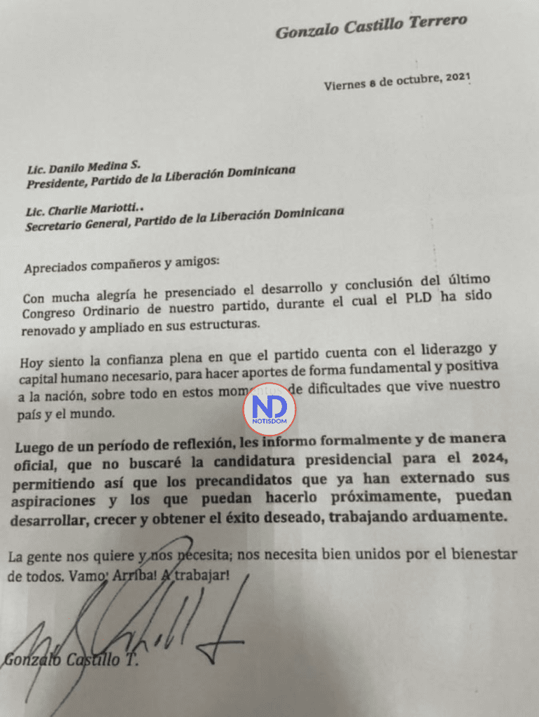 Carta Gonzalo Gonzalo Castillo no buscará la candidatura presidencial para el 2024