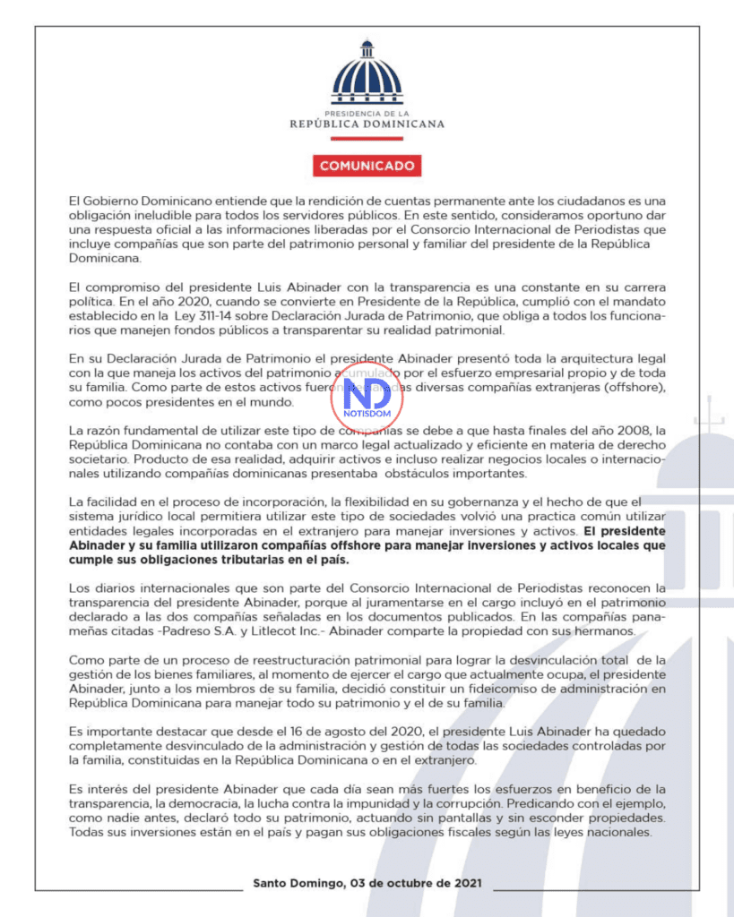 Papeles de Pandora comunicado Presidencia RD Pandora Papers: Presidencia emite comunicado sobre las empresas de Luis Abinader