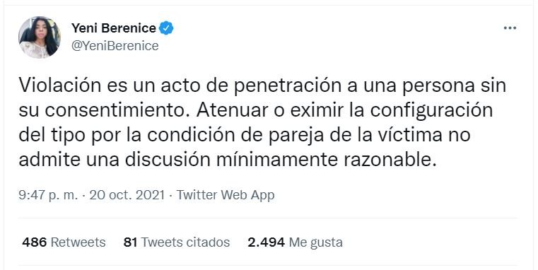 Tweet Yeni Berenice 01 Yeni Berenice rechaza disminuir pena de violación sexual por condición de pareja