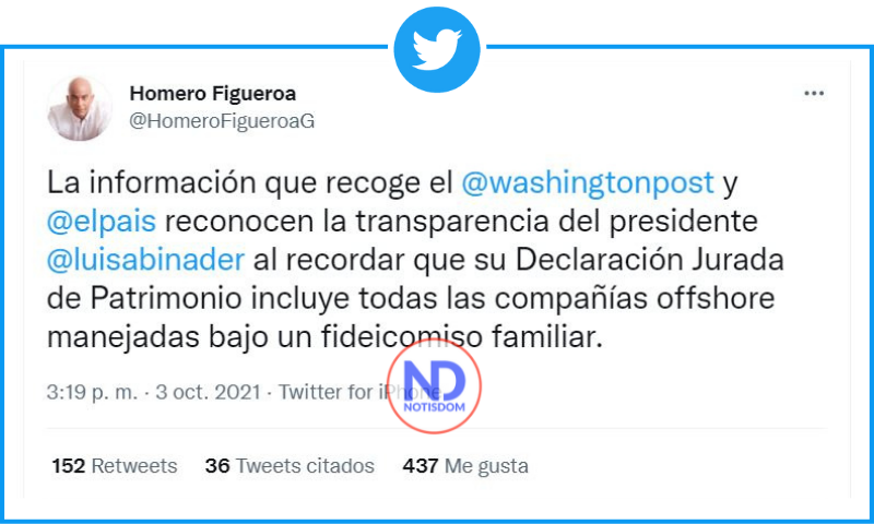 Twitters 3 Homero Figueroa: "Pandora Papers reconoce transparencia del presidente Abinader"