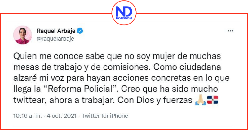 Twitters 4 2 Primera Dama: «Alzaré mi voz en lo que llega la Reforma Policial»