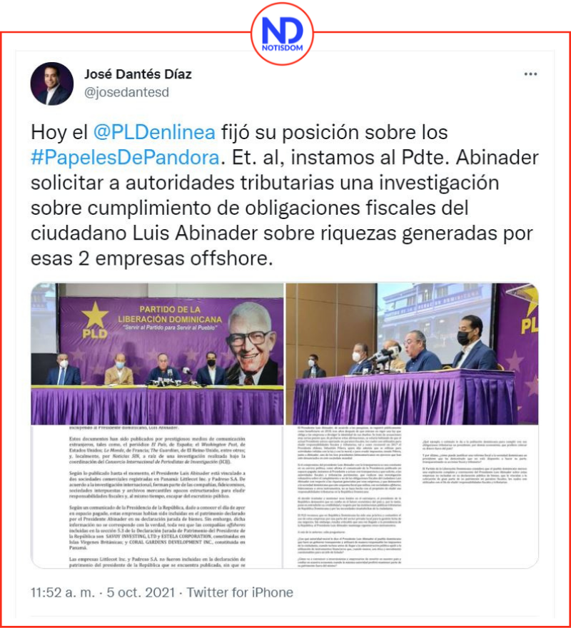 Twitters 5 PLD dice Abinader no declaró empresas offshore de los Papeles de Pandora