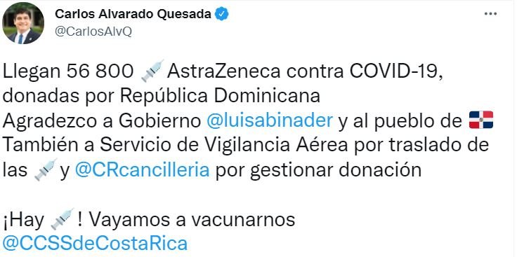 VACUNA A9 RD dona 56,800 vacunas de AstraZeneca a Costa Rica