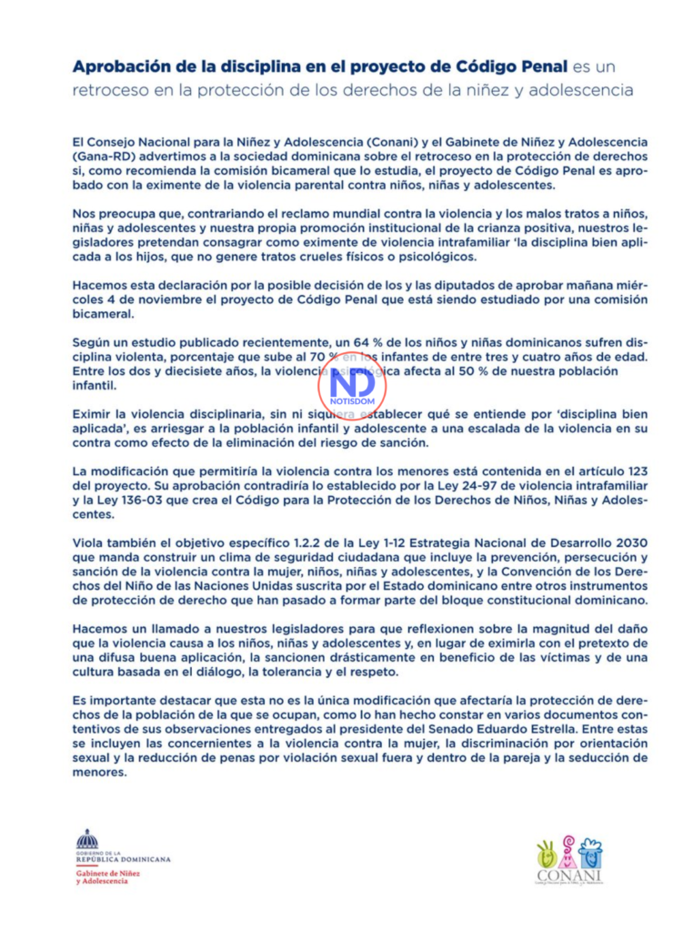 Declaracion CONANI 01 Raquel Arbaje alerta aprobación disciplina violenta es retroceso en protección de niños