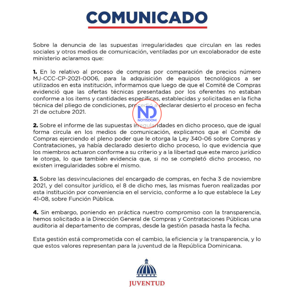 Ministerio de la Juventud comunicado Ministerio de la Juventud solicita auditoría tras denuncia de irregularidades
