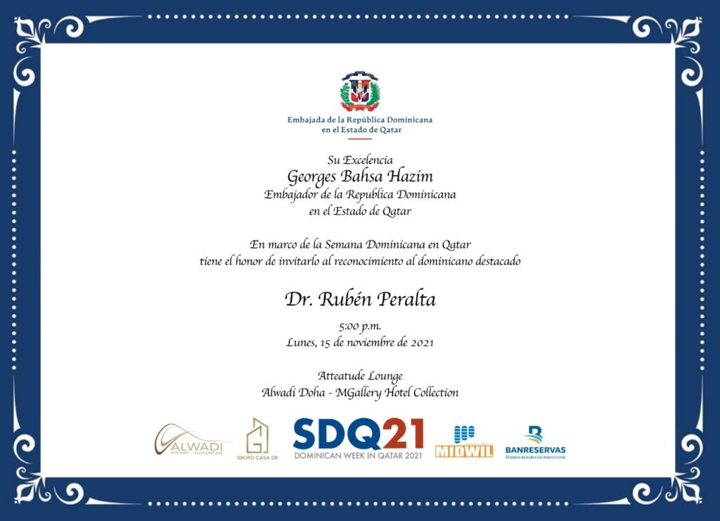 Ruben Peralta reconocimiento embajada RD Embajada dominicana en Qatar entregará reconocimiento al eminente médico Rubén Peralta