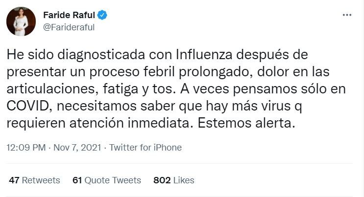 TWITTER FARIDE RAFUL Faride Raful informa fue diagnosticada con el virus de la influenza
