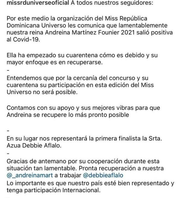 texto mis universo Sustituyen a Miss RD Universo debido a que contrajo Covid-19