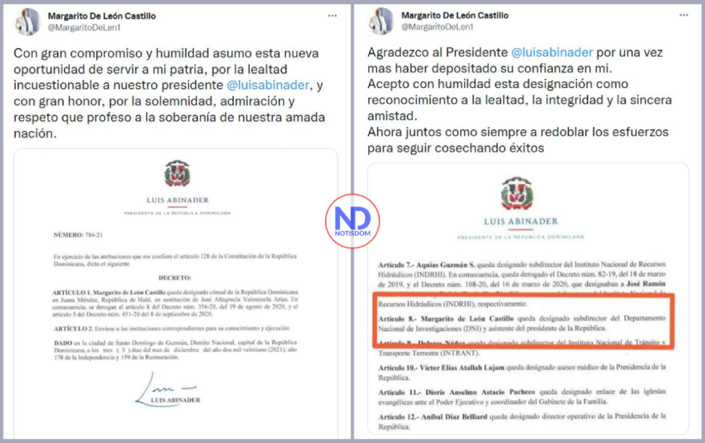 2 Twitters A NOTISDOM 1 Margarito De León: "Con humildad asumo esta nueva oportunidad de servir a mi patria"