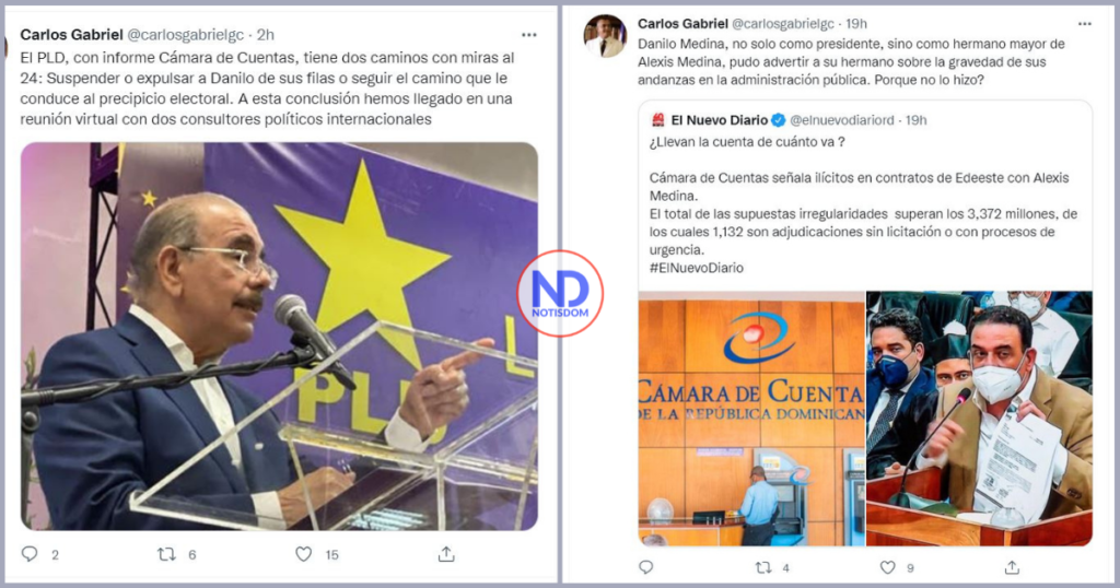 2 Twitters A NOTISDOM Carlos Gabriel: "Si el PLD no suspende o expulsa a Danilo Medina irá al precipicio electoral"