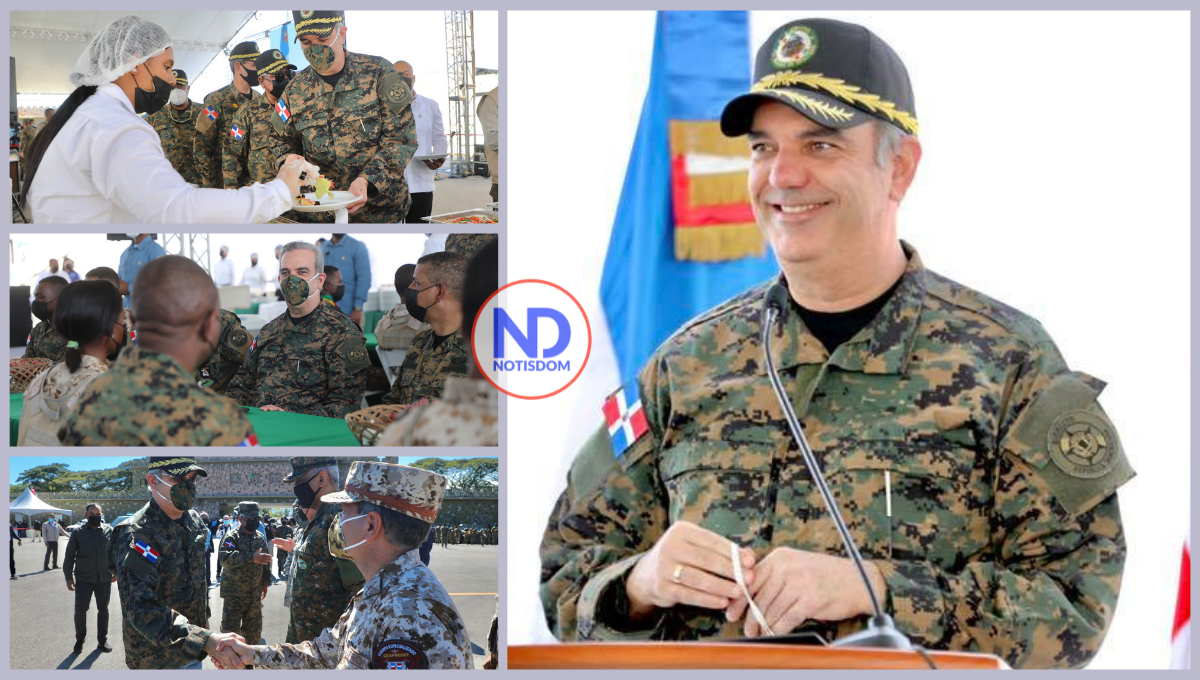 Luis Abinader, vestido de militar, almuerza con tropas del Ejército de puestos en la Frontera
