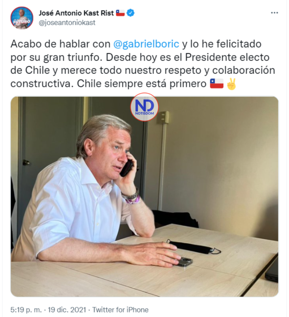 Twitt Kast 01 Gabriel Boric es el presidente electo de Chile; José Antonio Kast reconoce la derrota