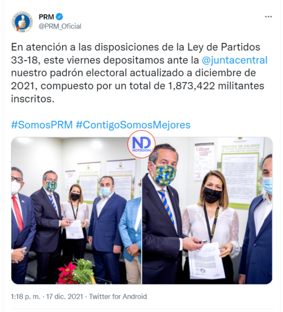 Twitter PRM PRM deposita en la JCE padrón con 1.8 millones de militantes