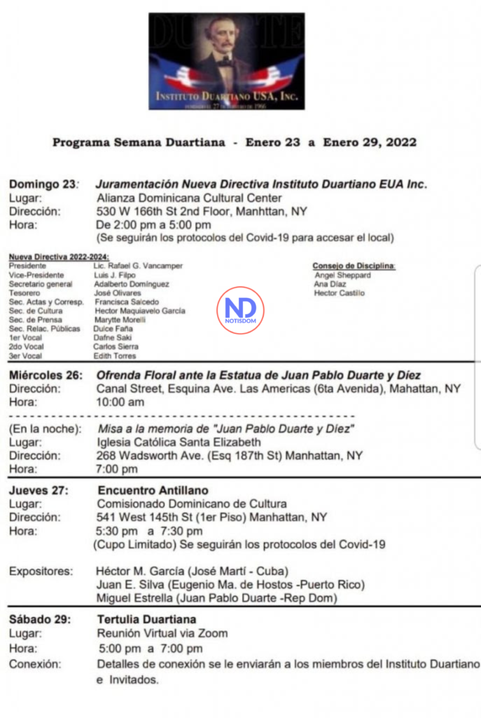 Semana duartiana Anuncian agenda de actividades por Semana Duartiana en EE.UU.