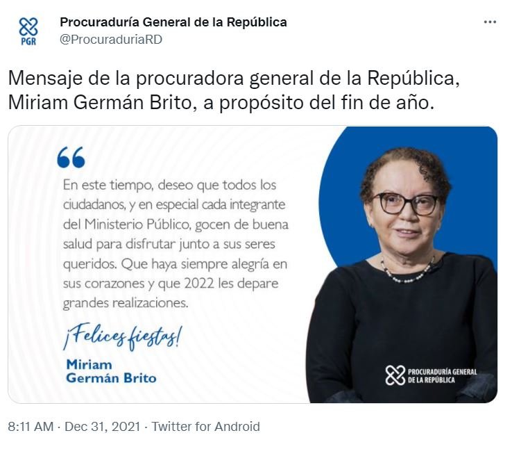 TWITTER 19 Mire lo que Miriam Germán Brito desea a los miembros del MP para el año 2022
