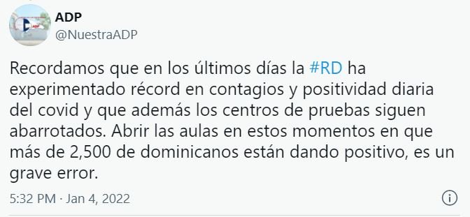ADP califica de error reabrir escuelas el 11 de enero ante ola de contagios Covid 6 TWITTER 20 ADP califica de error reabrir escuelas el 11 de enero ante ola de contagios Covid