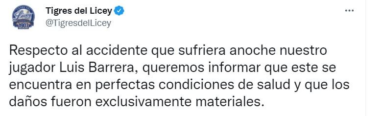 TWITTER BERROA Luis Barrera, envuelto en accidente de autos, se espera no salga de juego