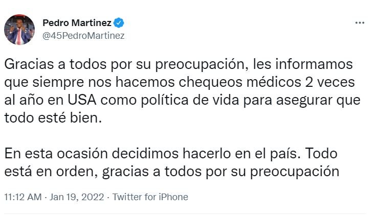 TWITTER PEDRO MARTINEZ Pedro Martínez desmiente haber sufrido un desmayo en la RD