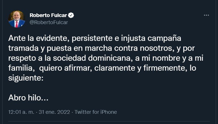 Tweet Roberto Fulcar 04 Roberto Fulcar denuncia "evidente, persistente e injusta campaña" puesta en marcha en su contra