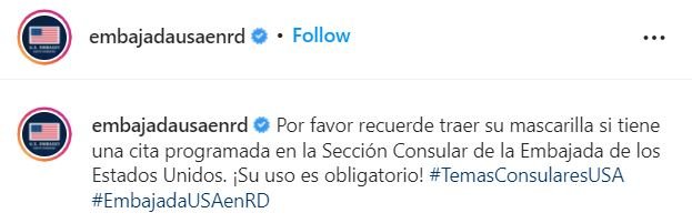 EMBAJADA RD Embajada EEUU en RD dice uso de mascarilla es obligatorio para citas consulares